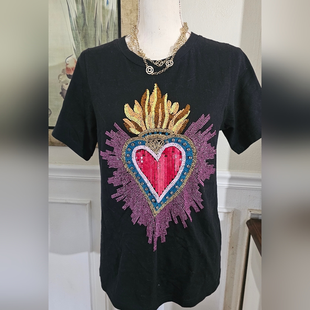 Beaded Black Sacred Heart Shirt